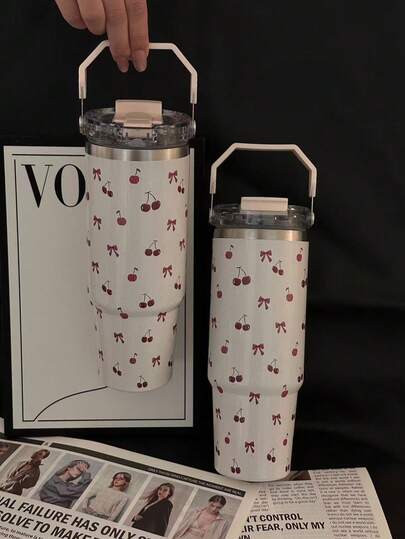 1 件 900ml_33.44oz 不锈钢杯，带手柄和吸管，可爱的蝴蝶结和心形设计，双饮水嘴，可保持饮料冷热，非常适合家庭、办公室、户外、送给朋友的礼物、生日礼物、圣诞礼物