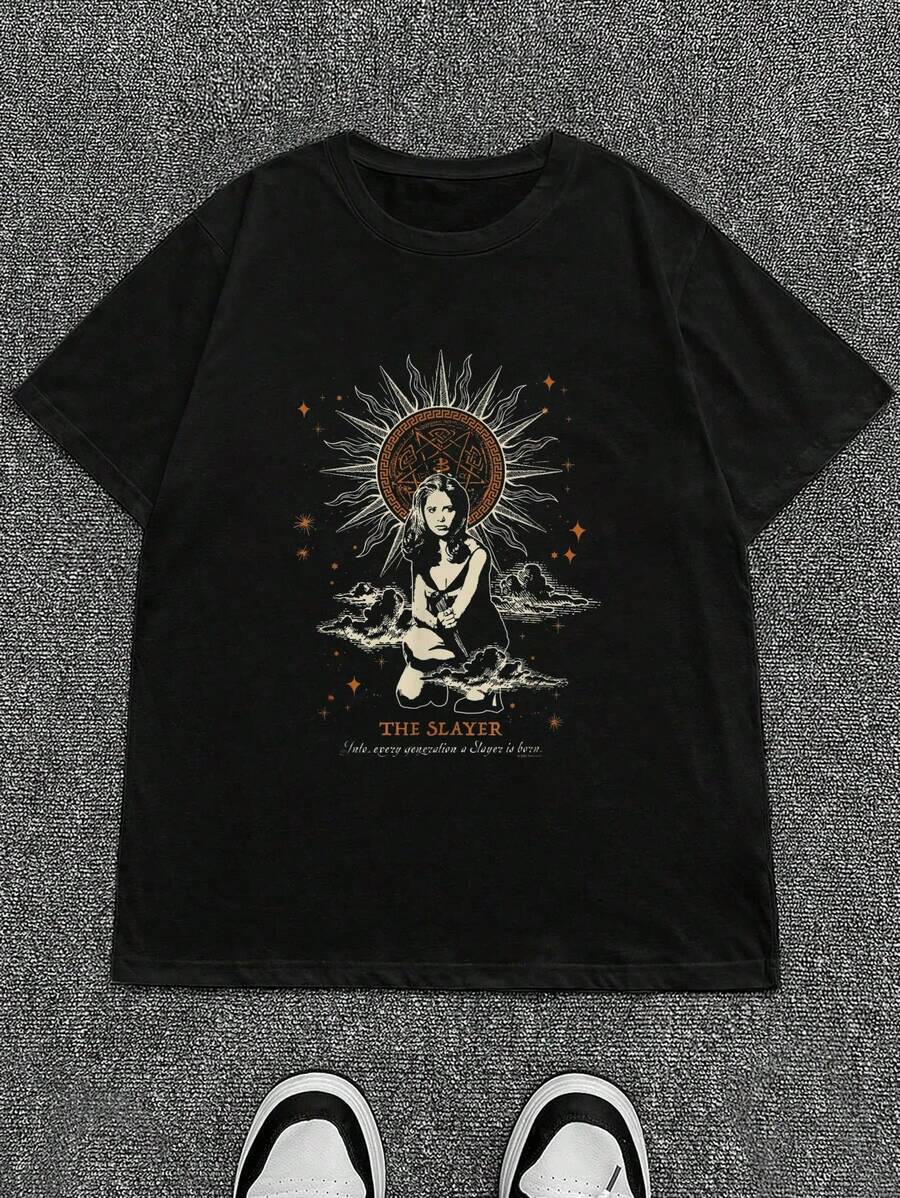 Buffy The Vampire Slayer Vintage Tarot The Slayer Tv Show T-Shirt Cotton T Shirt Men Crew Neck Short Sleeve Casual T-Shirt - 黑色 - 查看 1