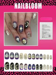 24pcs Oval Shaped Press-On Nail Stickers, Moon & Star Pattern, Retro Style, Full Coverage Design, Suitable For Women & Girls Daily Wear, Summer Nail Art Supplies Nails - Multicolor - View 2