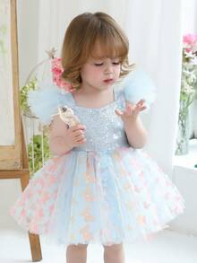 女婴蓝色荷叶袖亮片3D蝴蝶结优雅派对礼服，公主裙，适合宝宝一周岁生日派对、婚礼、宴会、花童等场合。 - 淺藍色 - 查看 6