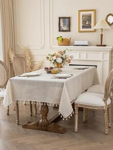 1pc Elegant Cream-Colored Linen Tassel Tablecloth, Rectangular European Style Coffee Table/Bedside Cabinet Cloth, Washable, Suitable For Farmhouse, Kitchen, Dining Table, Dinner, Family Gathering, Buffet, Wedding, Hotel Decor, Daily Home Decor, Thanksgiving Party Decoration