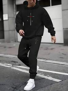 2PCS Men'S Casual Hoodie And Sweatpants Set - Black Athletic Outfit With Geometric Cross Design, Pockets, And Drawstring Hood, Perfect For Spring/Fall, Casual Sportswear|Geometric Pattern Hoodie - 黑色2 - 查看 1