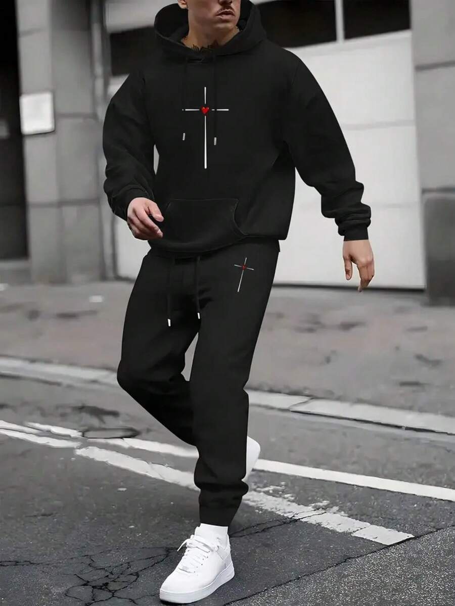 2PCS Men'S Casual Hoodie And Sweatpants Set - Black Athletic Outfit With Geometric Cross Design, Pockets, And Drawstring Hood, Perfect For Spring/Fall, Casual Sportswear|Geometric Pattern Hoodie - 黑色2 - 查看 1