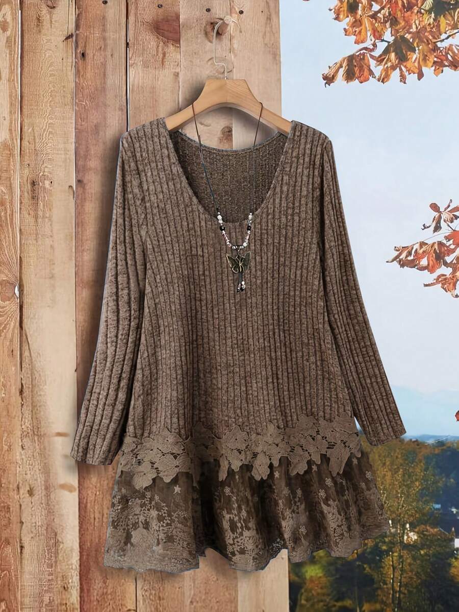 Blusa feminina plus size casual elegante confortável versátil férias e trabalho bainha texturizada canelada acabamento em renda dupla emenda manga comprida, cor sólida