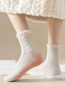 1/2/3/4/5/6/7/8 Pairs Women Autumn/Winter Coral Fleece Contrast Color Cuff Comfortable Warm Sleep Socks, Cozy Socks - Multicolor - View 6