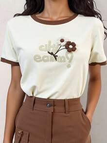 Women's Cropped T-Shirt Short Sleeve Printed Summer Spring Floral Letter Heart Home Holiday - 米色 - 查看 2