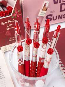 6-Pack, Mobile Rose Gel Pens, Flower Series Soft Grip Black Pens, Black Ink Pressure-Sensitive Pens, Smooth 0.5mm Retractable Black Ink Pens, Cute Back To School Gel Pens, Ballpoint Pens, Writing Stationery Gel Pens, Teen And Adult Home Classroom And Office Writing Pens - Multicolor - View 7