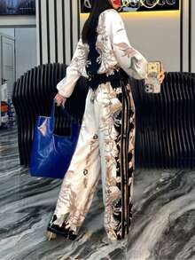 1 套波西米亚风格优雅十字交叉印花两件套服装，适合办公室、街头穿着、春夏季 - 黑色 - 查看 2