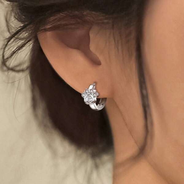 S925 Sterling Silver Creative Animal Design Cute Dog Paw Cubic Zirconia Inlaid Women's Earrings, Suitable For Daily, Festivals, Parties, Birthday, Anniversary, Valentine's Day, Halloween Gifts, Comes With Gift Box