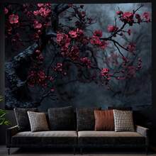 [Gothic Plum Blossom Tapestry] Vibrant Gothic Plum Blossom Polyester Tapestry - Cherry Red Flowers On Dark Background,  Elegant Wall Hanging For Living Room, Bedroom, Office Decor - 彩色 - 查看 5