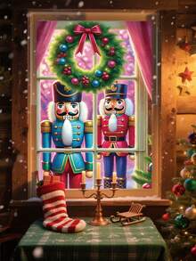 1 pièce Livre de l'histoire du Casse-Noisette rouge et or, décor de fenêtre de Noël, 80 cm * 120 cm, style fantaisie des vacances, décoration de fenêtre rectangulaire avec village enneigé, lumières scintillantes, boules de Noël, scène de nuit sous la lune, convient pour la décoration intérieure/extérieure de la maison, théâtre, fête de Noël et d'hiver