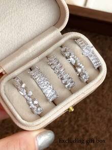 5 件优雅高端奢华闪亮方晶锆石可调节铜戒指套装，适合宴会、派对、婚礼、新娘、女士节日礼物（无礼盒） - 銀色 - 查看 3