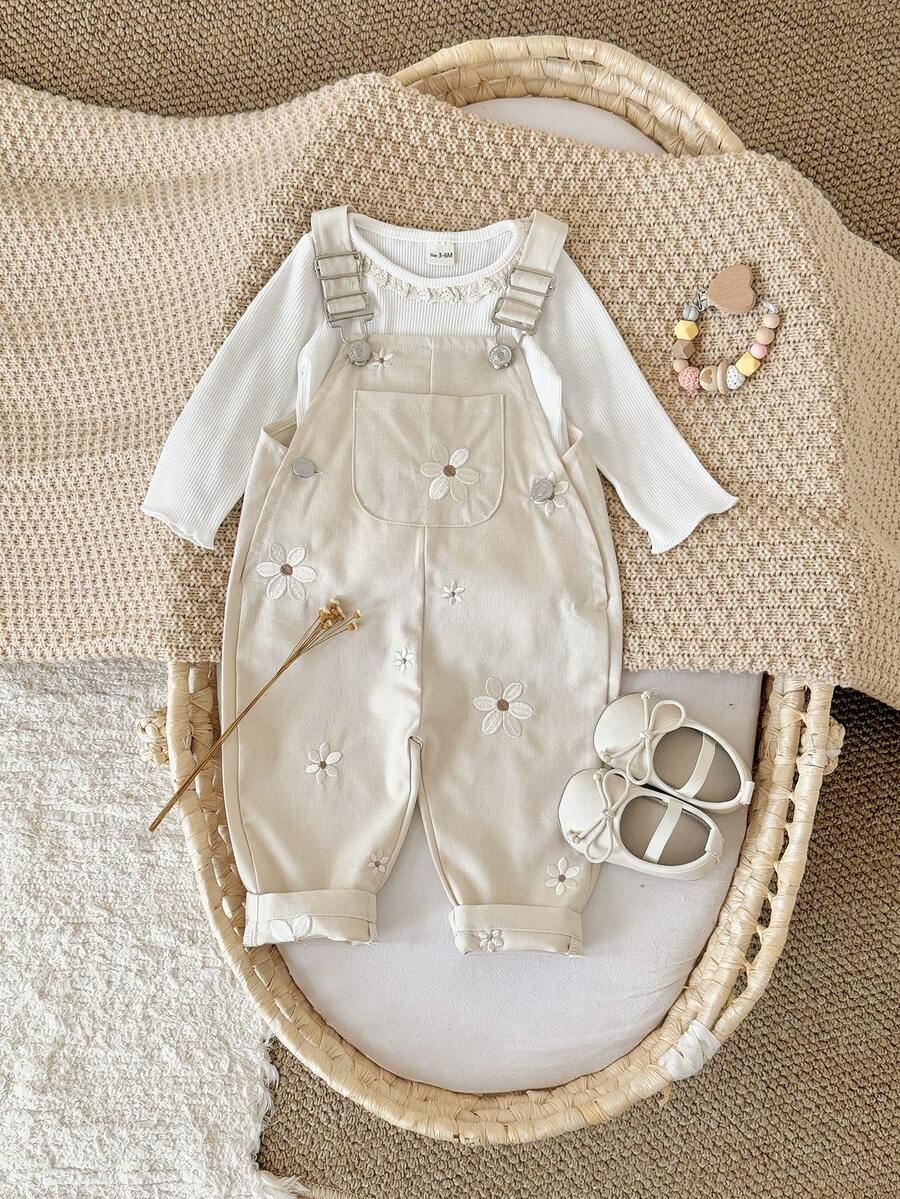 Baby Girls' Casual All-Over Embroidered Floral Light Blue Suspender Pants, Summer