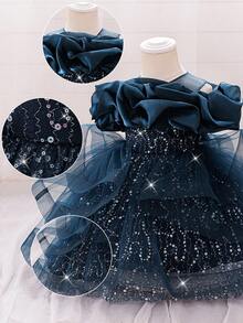 Baby Girls Sequin Mesh Cute Birthday Princess Dress, Suitable For Party, Celebration, Outing, Does Not Include Headband - Navy Blue - View 6