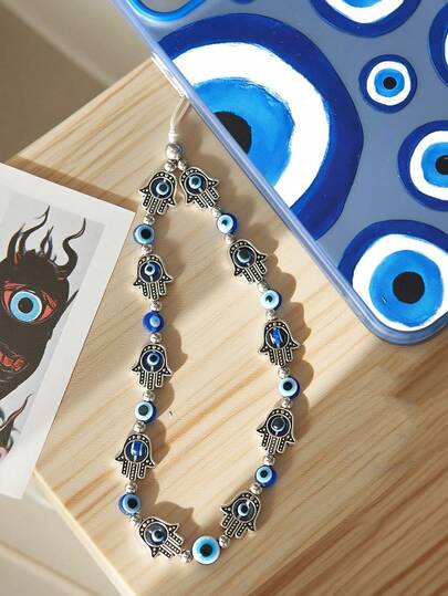 1pc Alloy Blue Evil Eye Beaded Phone Lanyard, Suitable As Gift For Colleagues