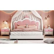 Full Size Upholstered Princess Bed With Crown Headboard For Girls, Full Size Platform Bed With Headboard And Footboard, White + Pink