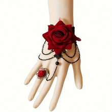Vintage Gothic Red Rose Bracelet With Ring, Halloween Lace Flower Wristband, Bridal Accessory, Fashionable Vintage One-Piece Bracelet Jewelry - S001-01 đen + đỏ - Xem 1