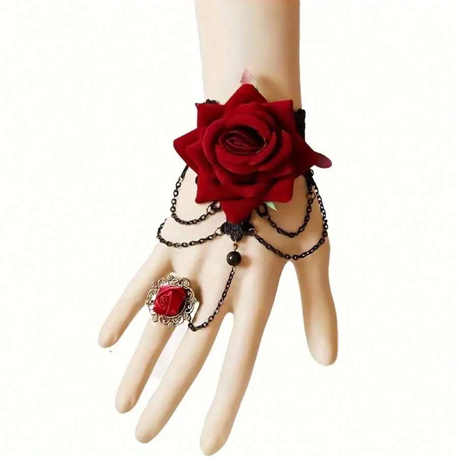 Vintage Gothic Red Rose Bracelet With Ring, Halloween Lace Flower Wristband, Bridal Accessory, Fashionable Vintage One-Piece Bracelet Jewelry - S001-01 đen + đỏ - Xem 1