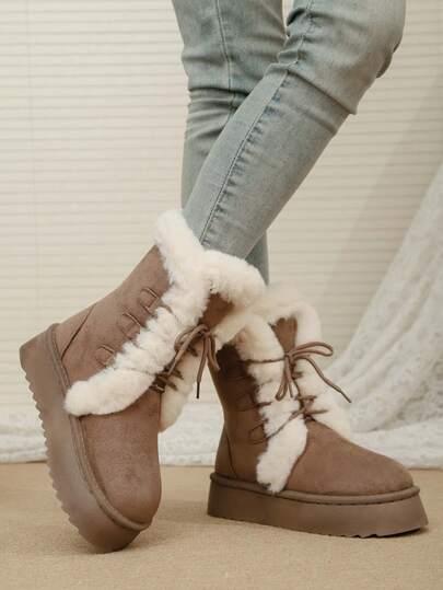 Solid Color Preppy Style Cute Casual Thermal Lined Drawstring Snow Boots, Warm And Comfortable Thick Sole, Cold-Resistant For Outdoor And Indoor Wear In Winter