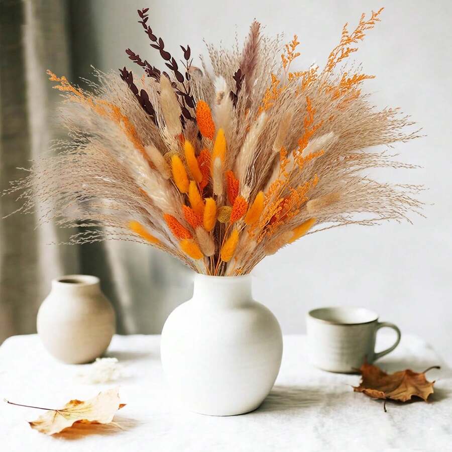 100 pièces Décorations de fleurs séchées d'automne Herbe de Pampa orange Bouquet doré moelleux Centres de table de mariage d'automne Style rustique et champêtre Fleurs d'automne bohèmes pour la décoration intérieure et extérieure