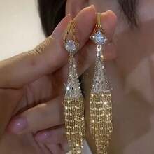 1 Pair Of Luxurious Gold Tassel Hanging Earrings With Shiny Square Crystal Synthetic  - Elegant Personality Jewelry For Parties, Dates And Everyday Charm - 金色 - 查看 7