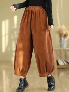 Plus Size Women's Fashionable Vintage Minimalist Pocket Loose Harem Pants, Suitable For Spring, Summer, Autumn, Casual Daily Wear