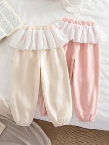 2件套少女时尚可爱-蝴蝶结装饰腰带-立体蕾丝裙休闲打底裤，柔软舒适弹力腰身，毛绒加厚款式，休闲百搭运动风，适合秋冬季户外活动，上学、骑行、慢跑、派对、度假、聚会及日常休闲，任何场景