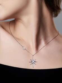 XUJIA 1PC Fashion Elegant Star&Moon Moissanite Pendant Necklace 925 Sterling Silver 3mm&2mm&1mm(0.28ctw) Necklace For Women Birthday Anniversary Valentine's Day Wedding Engagement Jewelry Gifts