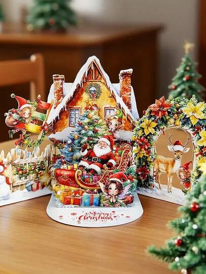 Tarjeta de felicitación navideña con diseño emergente de Papá Noel y duendes - Tema "Papá Noel entregando regalos", incluye sobre - Adecuada para celebración festiva, tarjeta de felicitación navideña | Tema festivo navideño | Ilustraciones coloridas, tarjeta de felicitación navideña