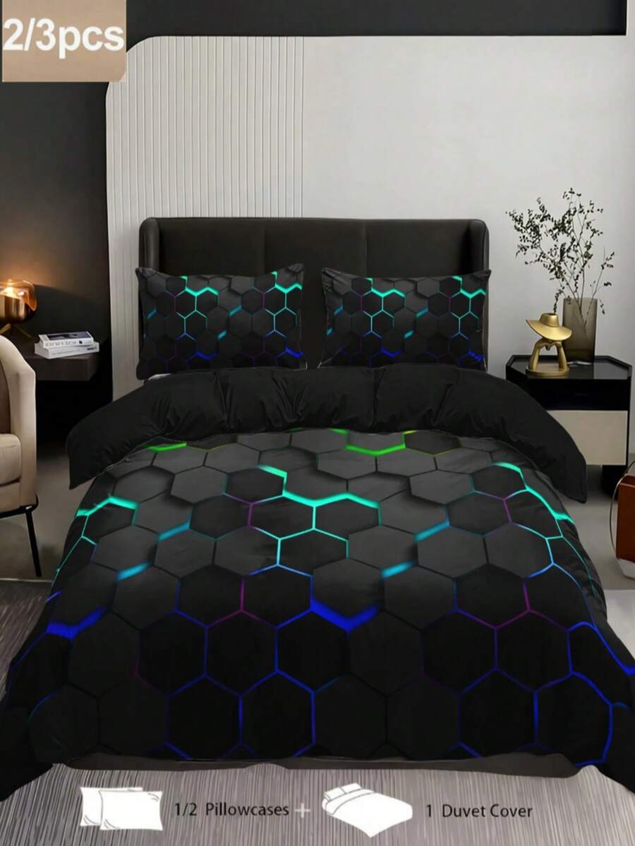 Bộ chăn ga gối in kỹ thuật số hình học tổ ong đen 2/3 chiếc (1 chăn ga gối + 1/2 vỏ gối, không có ruột), sợi polyester mềm mại và thân thiện với da, thích hợp sử dụng hàng ngày, thích hợp cho phòng ngủ, ký túc xá trong mọi mùa, thoải mái, thoáng khí, dùng để trang trí phòng ngủ, bộ chăn ga gối đệm cho trường học - Nhiều màu - Xem 1