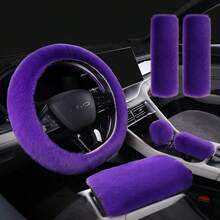 3/6pcs Winter Rabbit Plush Car Steering Wheel Cover Elastic Handle Cover Hand Brake Gear Set Car Accessories Interior - Multicolor - View 4