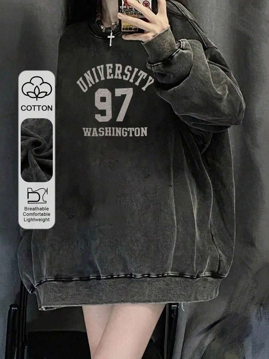 Women's Y2K Oversized Soft Cotton Distressed American Hip Hop Letter & Number Print Casual Vacation Home Street Chic Student Christmas New Year Long Sleeve Sweatshirt, Autumn/Winter