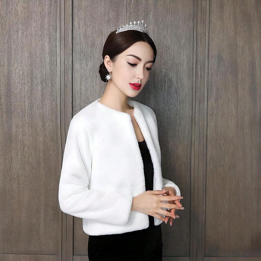 1 قطعة شال عروس متعدد الاستخدامات، جاكيت أبيض طويل الأكمام دافئ للعرائس والوصيفات وكبار الحجم، ملابس خارجية سميكة دافئة - أبيض - مشاهدة 1