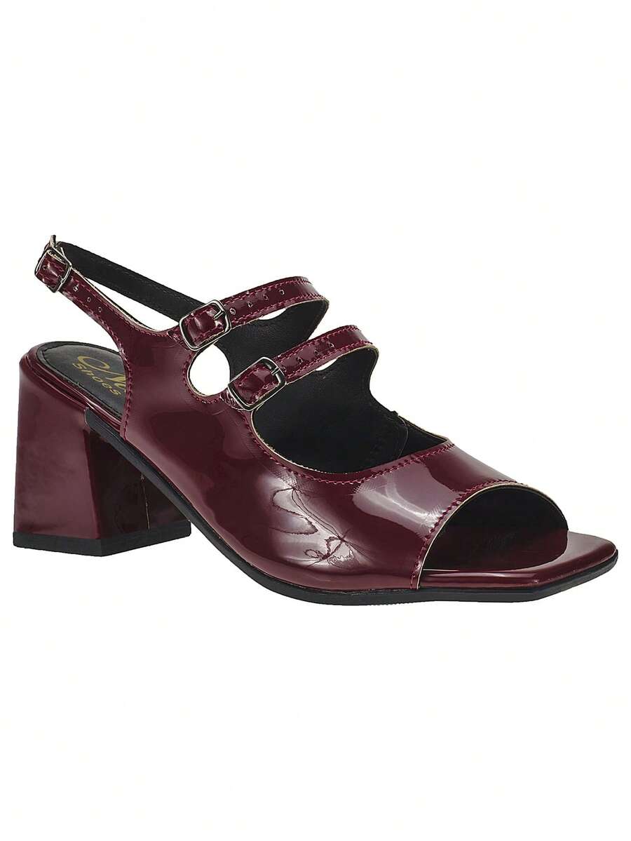 Women's Shoes Pumps Square Toe Open 3 Buckles High Block Heel Sandals Fashion Naty Shoes Spring Summer - 紫紅色 - 查看 1