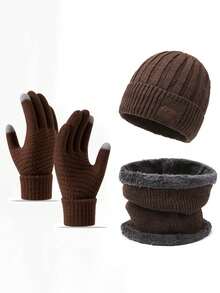 Set de 3 piezas de guantes, gorro y bufanda de lana tejida y forrada, adecuado para clima frío, unicolor, decoración casual de otoño
