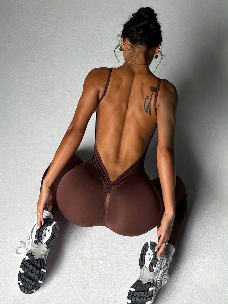Mono deportivo de unicolor sin espalda y sin mangas, sin costuras, para verano - Café integral - Ver 1