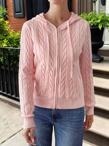 Y2K Stil Damen Casual Pendler einfarbiger Reißverschluss Seitentasche Design Kapuzen Strickjacke, Herbst - Pink - Übersicht 1
