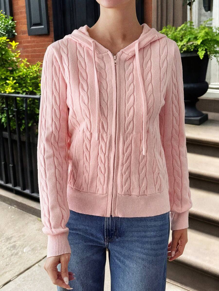 Y2K Stil Damen Casual Pendler einfarbiger Reißverschluss Seitentasche Design Kapuzen Strickjacke, Herbst - Pink - Übersicht 1