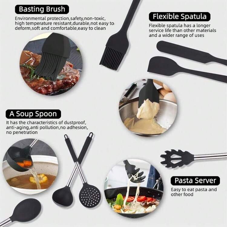 15pcs Silicone Kitchen Utensil Set - Easy Cooking & Baking Tools, Perfect For Holidays, Includes Kitchen Essentials|Modern Utensils Kitchen Accessories For Every Home Chef - Black - View 4