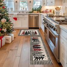 2 piezas Alfombras de piso navideñas, alfombras de piso de cocina con lujoso patrón de árbol de Navidad de colores, tema de alegría, decoración de ambiente navideño, perfectas para estudio, cocina, dormitorio, decoración del hogar, creando una atmósfera alegre y exquisita - Multicolor - Ver 8
