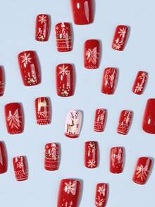 圣诞美甲 24 件短方形圣诞树、雪人、麋鹿、设计法式尖头按压指甲短款完美贴合亚克力假指甲套装，包含 1 件果冻胶和 1 个指甲锉，易于佩戴圣诞美甲和法式尖头指甲，适合女性女孩 DIY 日常工作节日派对使用 - 彩色 - 查看 4