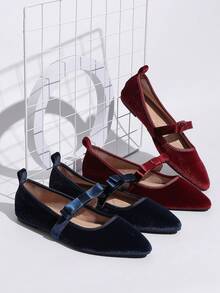 Women's Fashion Velvet Mary Jane Shoes With Bow, Navy Blue Slip-On Pointed Toe Flats, Comfortable Soft Sole For Outdoor And Indoor Wear, Suitable For Dresses In All Sizes - Màu xanh hải quân - Xem 6