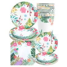 30 件红花一次性餐具套装 - 盘子、餐巾和杯子，适合生日、婚礼、派对、家庭野餐 - 彩色 - 查看 1