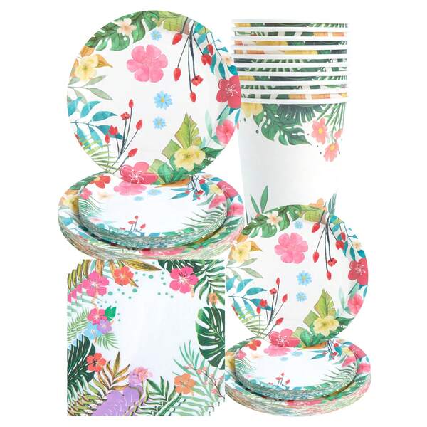 30pcs Red Flower Disposable Tableware Set - Plates, Napkins And Cups, Suitable For Birthday, Wedding, Party, Family Picnic