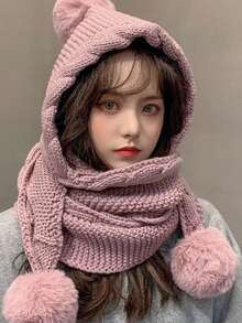 Damen gestrickter Hut mit Schal, süßer Bommel Ohrenschutz, dick & warm, vielseitig für Herbst/Winter