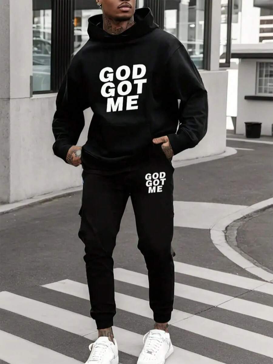 Men's Autumn Winter 2-Piece Tracksuit Polyester Hoodie + Joggers Set Casual Daily Wear Running Gym Workout Lounge Outdoor Sports Warm Comfortable - Đen 1 - Xem 1