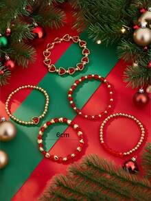 5pcs Fashionable Delicate Versatile Red Heart Beaded Christmas Bracelet, Suitable For Women's Holiday Gatherings, Parties, Banquets, A Great Gift For Her