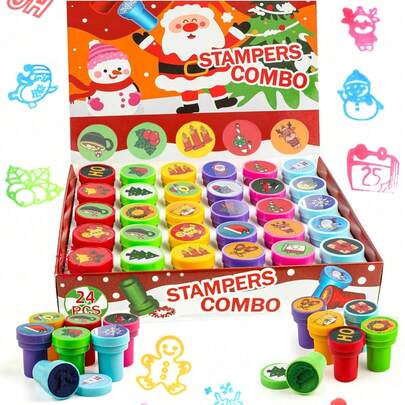 10/24 件圣诞节什锦印章自印章、圣诞老人印章适用于圣诞派对新年礼物、游戏奖品、派对用品