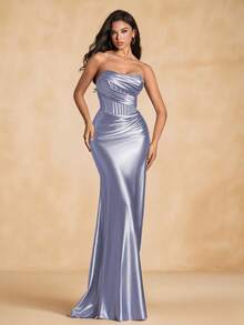 VIPGIRL 优雅的酒红色露肩缎面紧身晚礼服，带有褶饰和高开衩，拖地长款正式晚礼服，女士正式礼服和晚礼服，女士舞会礼服，紧身连衣裙 - 淡紫色 - 查看 6