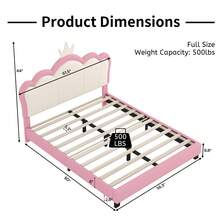 Full Size Upholstered Princess Bed With Crown Headboard For Girls, Full Size Platform Bed With Headboard And Footboard, White + Pink
